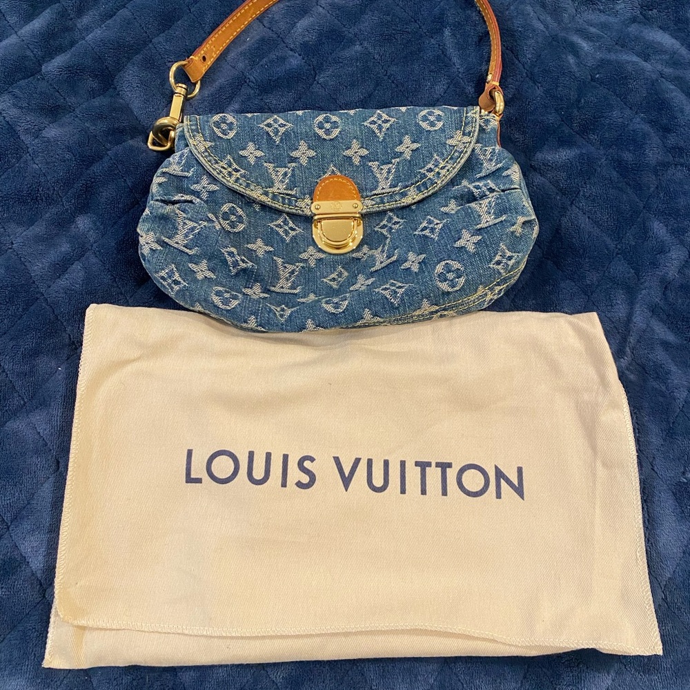 Louis Vuitton Denim Monogram Shoulder Bag with Tan Leather Trim